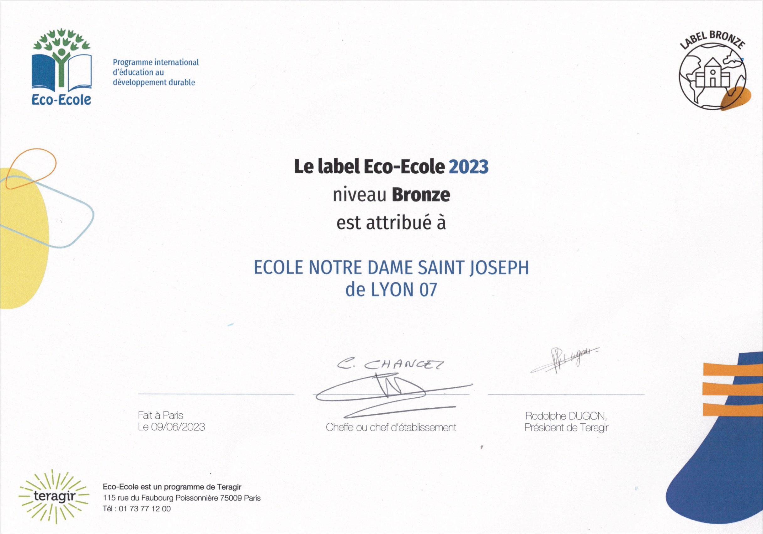 Label Éco-École 2023 École Notre-Dame Saint-Joseph